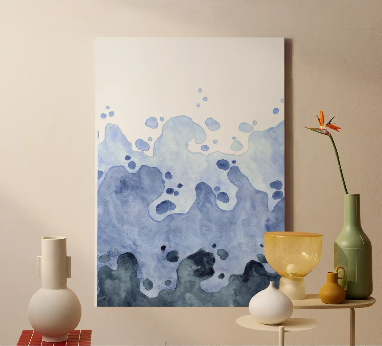 Abstrakte Meeresgischt - Dynamische blaue Aquarellmalerei Leinwand mit Schattenfugenrahmen von NorwesClub