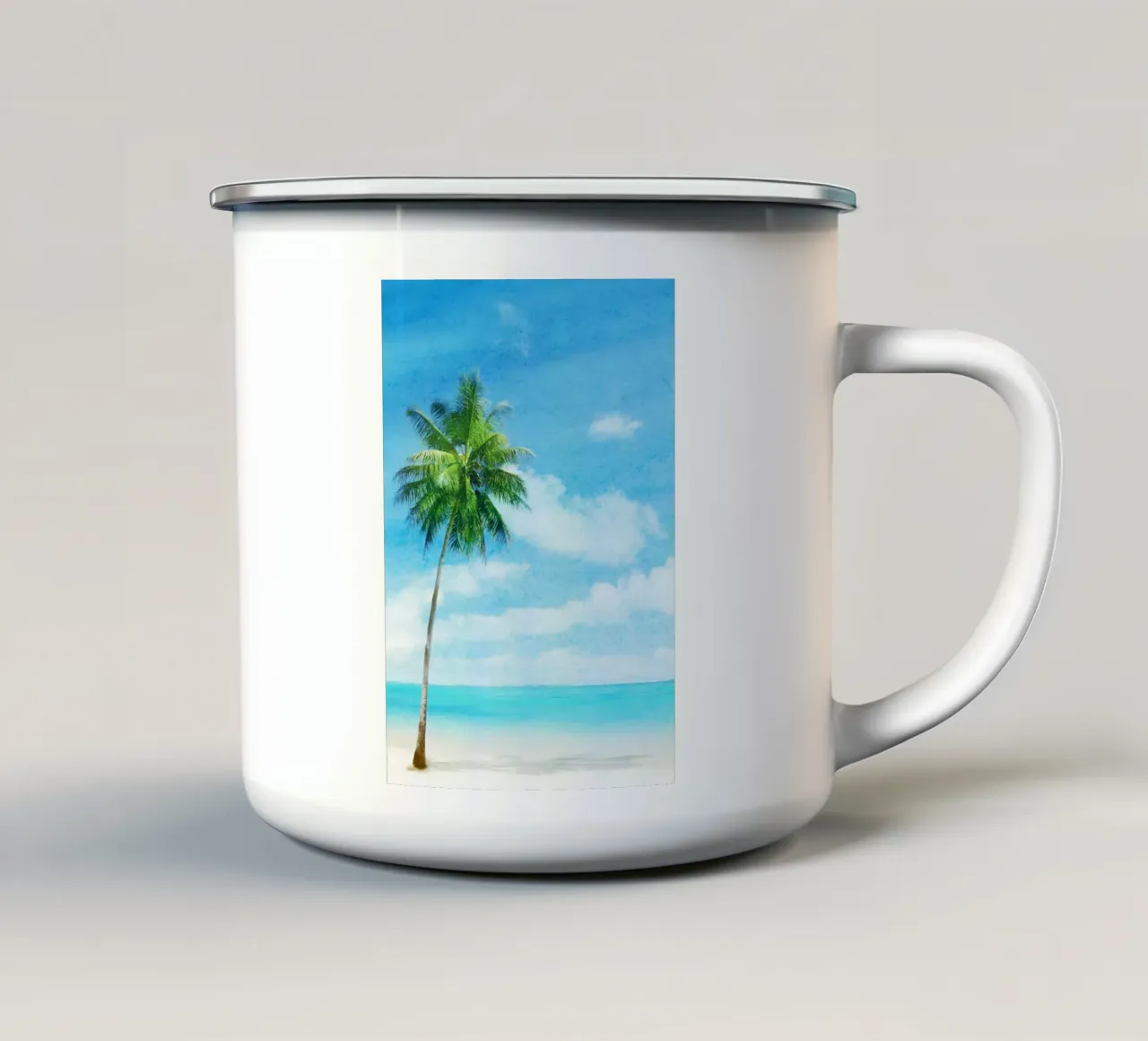 Palma del paradiso tropicale - Scenario acquerellato vivace sulla spiaggia tazza in smalto da NorwesClub