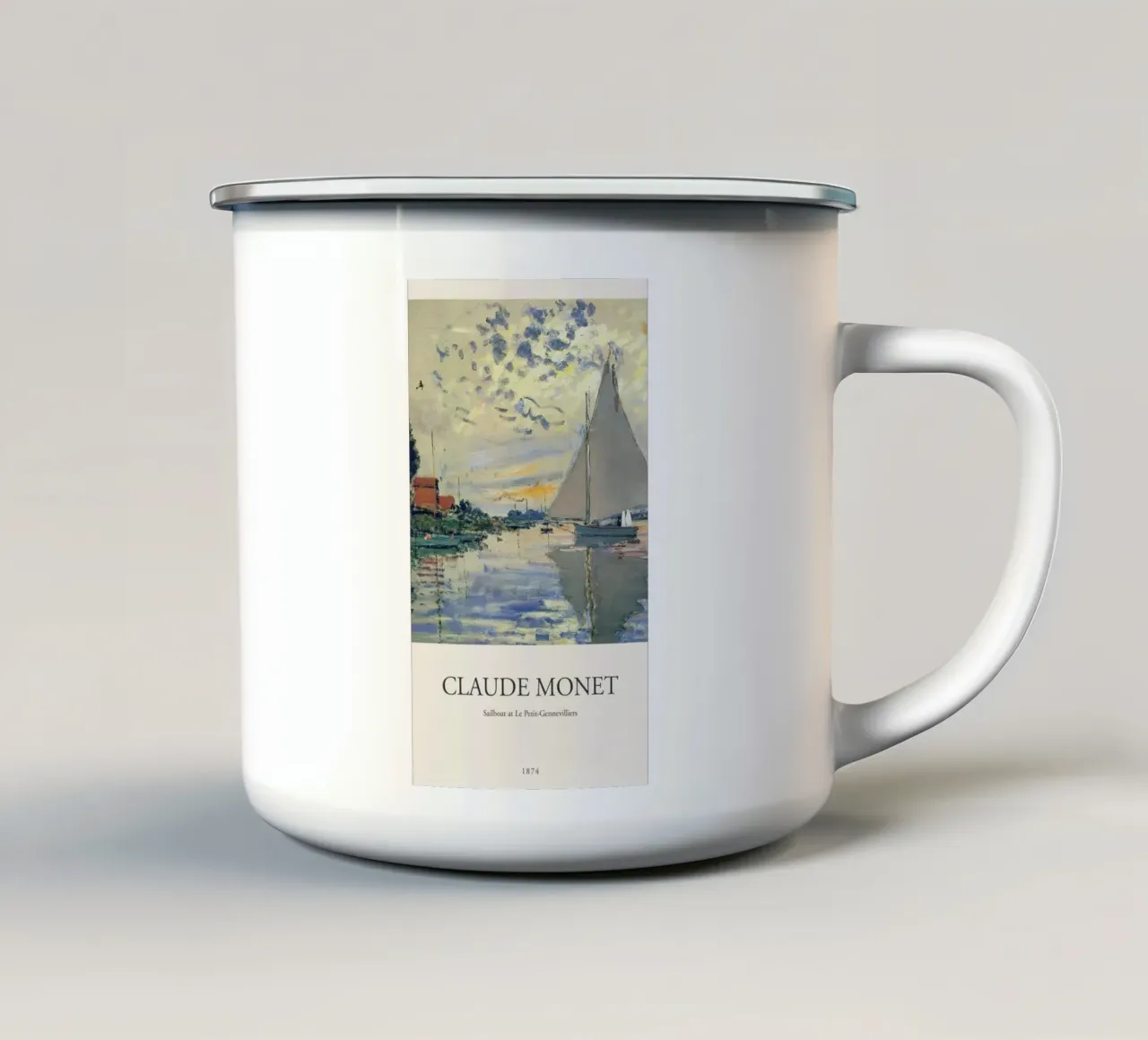 claude monet zonsondergang en zeilboot kleurweergave emaille mok van belong shop