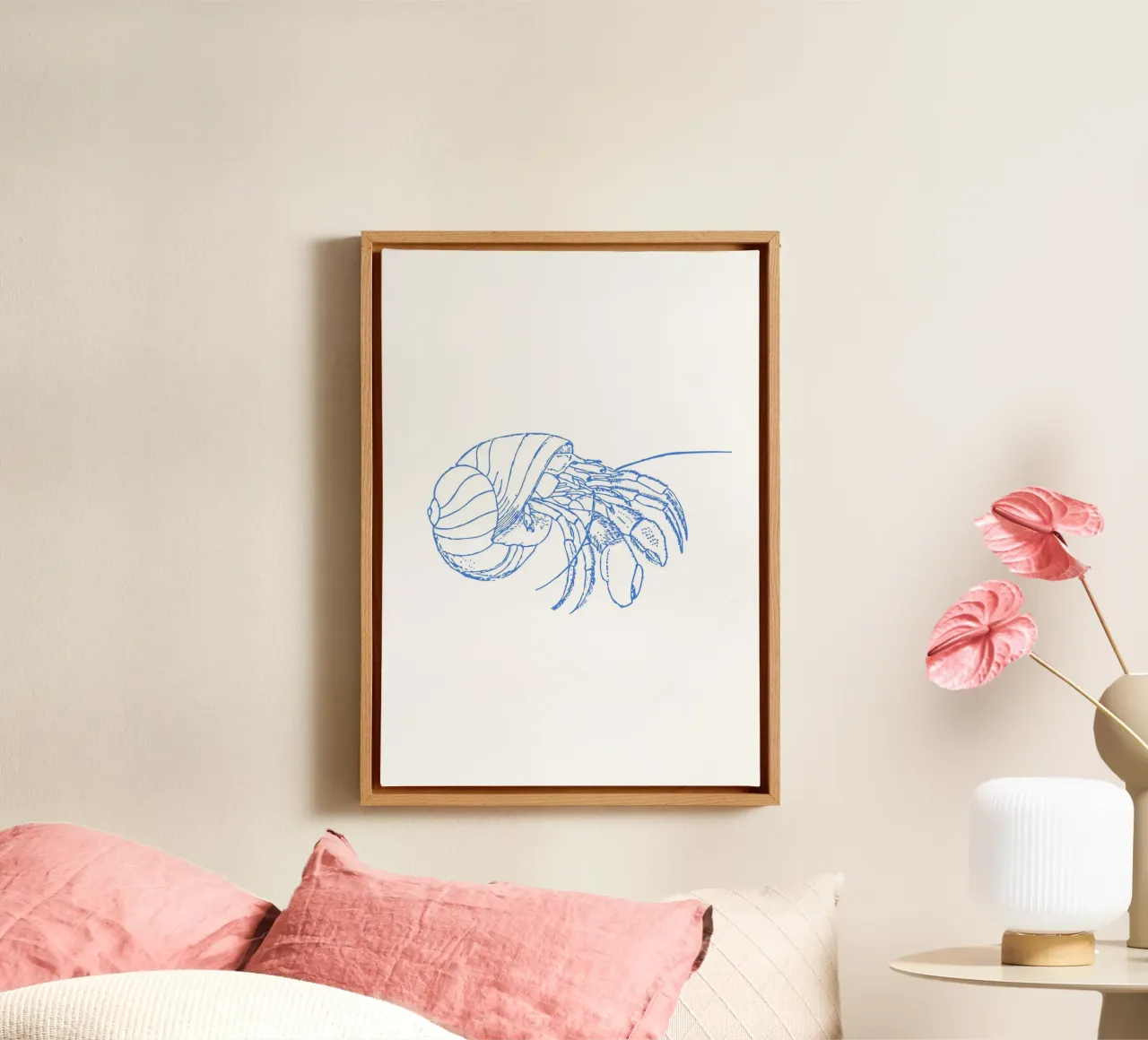 Curious Hermit Crab - Ocean Blue Line Art Print canvas with Floater frame by NorwesClub