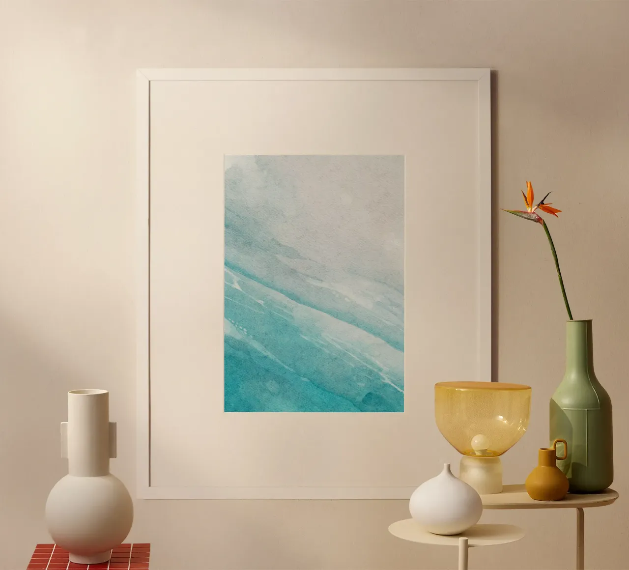 Ozean Ombre Waves - Serene Teal & White Aquarell Poster mit Holzrahmen von NorwesClub