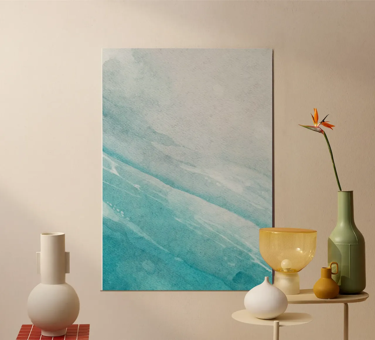 Ozean Ombre Waves - Serene Teal & White Aquarell Poster mit Holzrahmen von NorwesClub