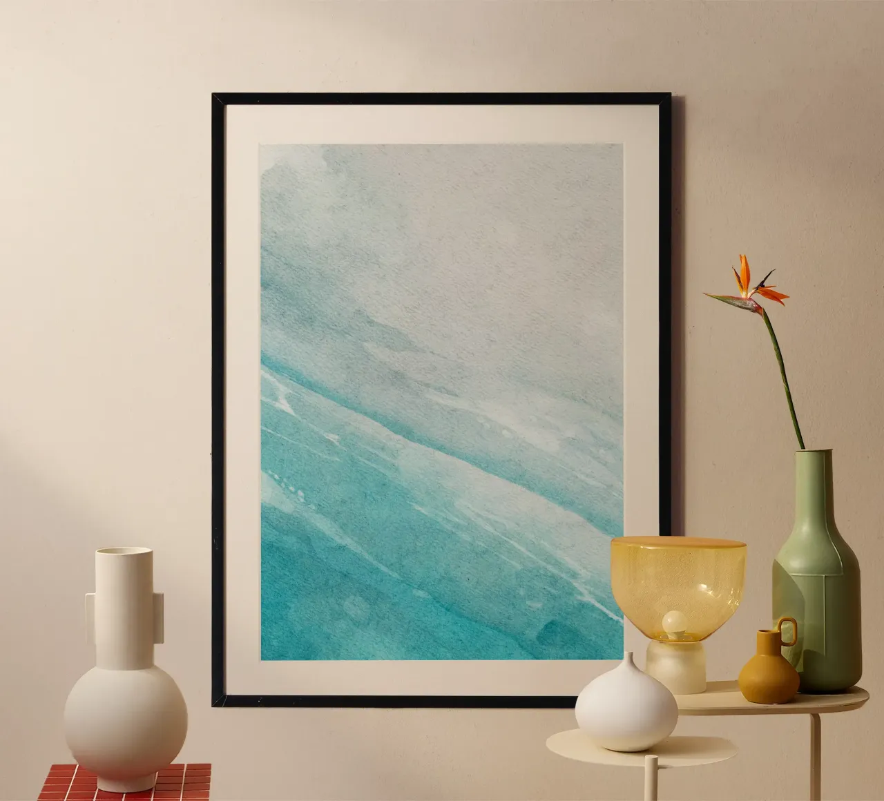 Ozean Ombre Waves - Serene Teal & White Aquarell Poster mit Holzrahmen von NorwesClub