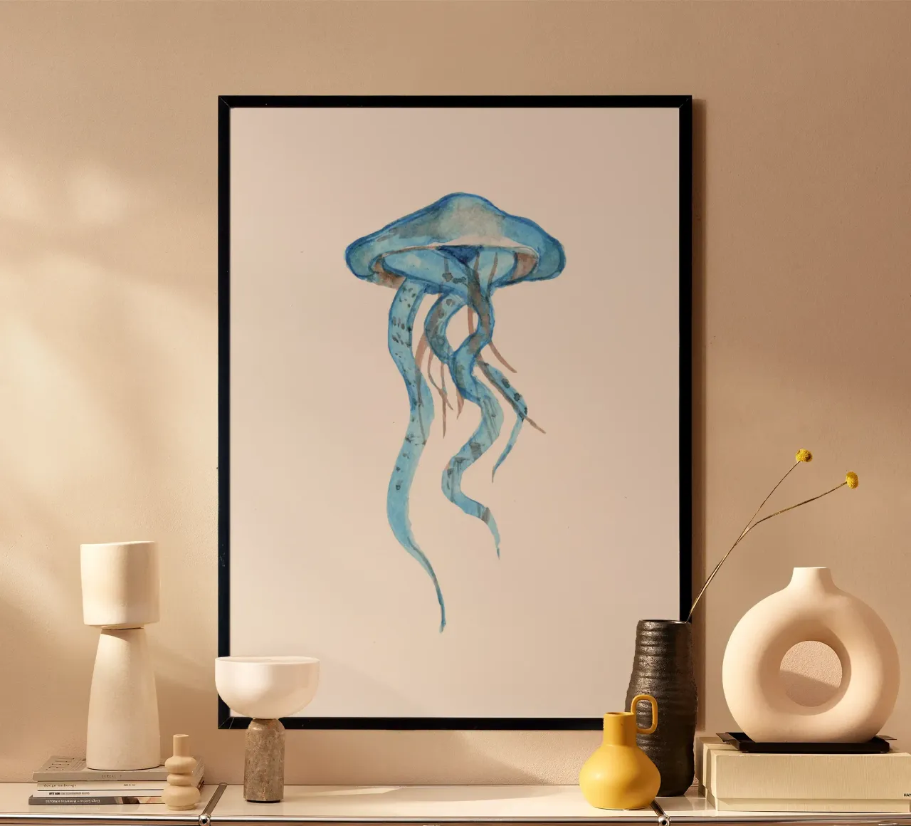 Flusso di meduse azzurre - Acquerello sulla vita marina poster con telaio in legno da NorwesClub