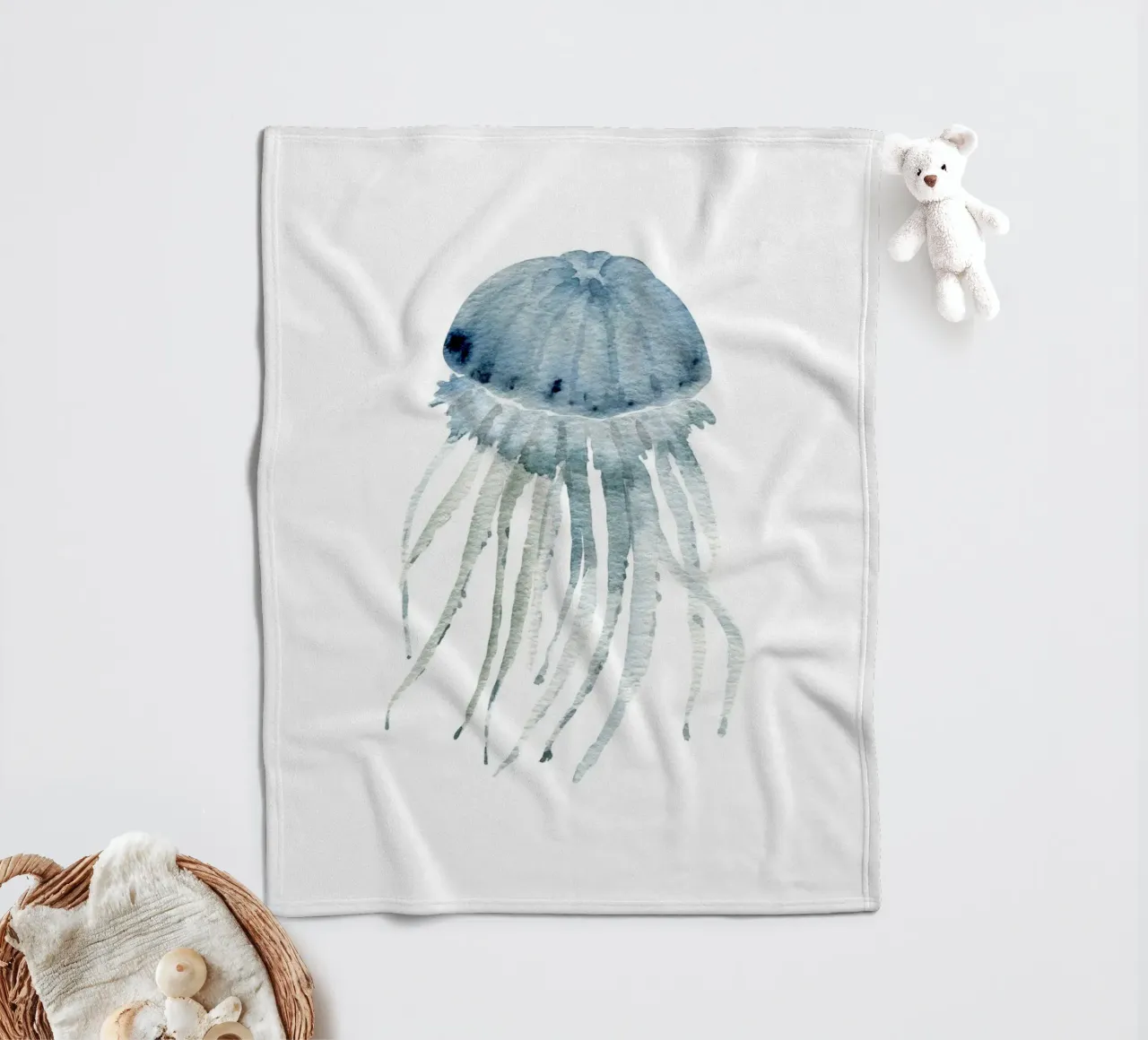 Grey Blue Jellyfish - Ethereal Watercolor Marine Art fleece blanket by NorwesClub