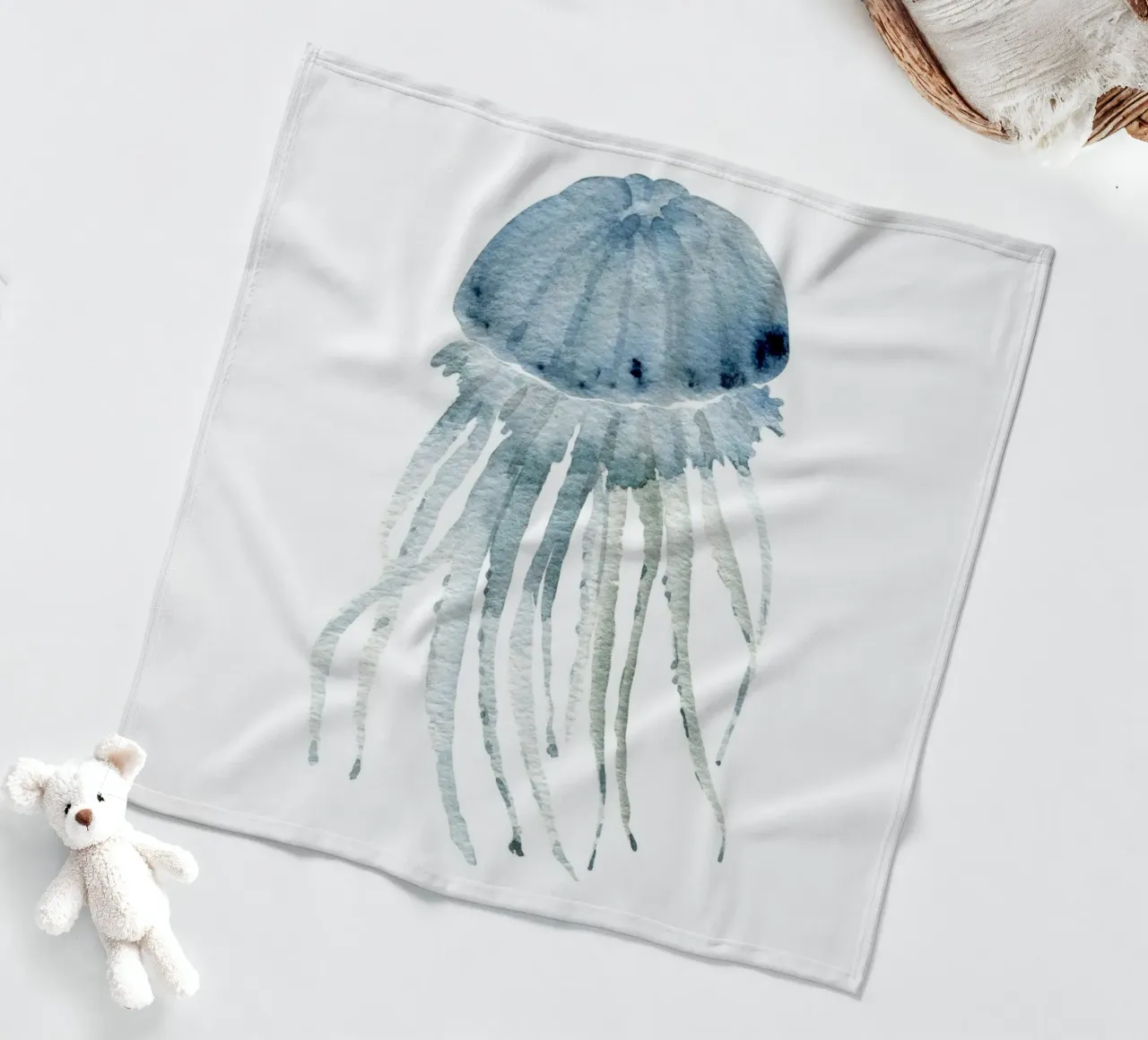 Grey Blue Jellyfish - Ethereal Watercolor Marine Art fleece blanket by NorwesClub