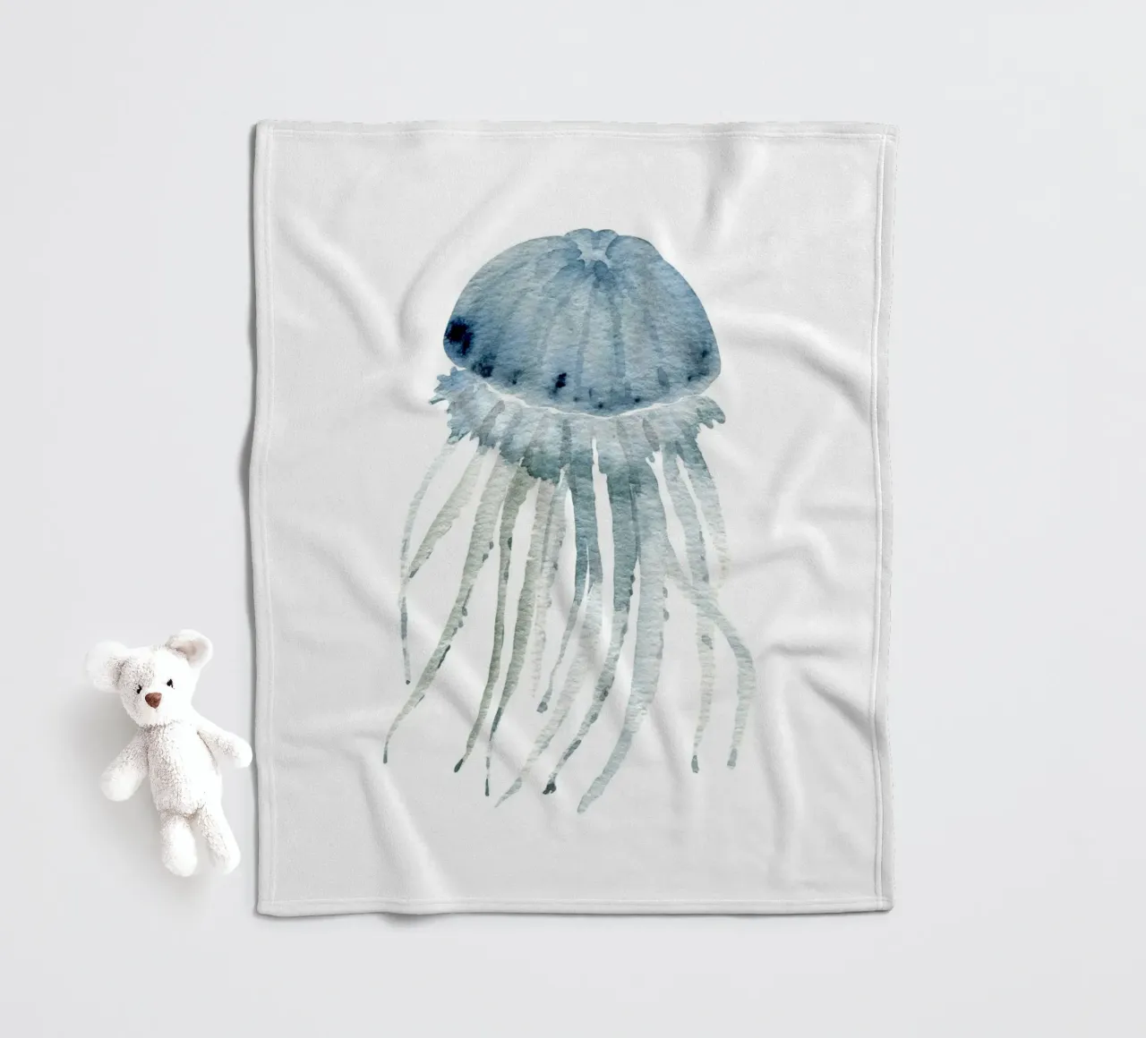 Grey Blue Jellyfish - Ethereal Watercolor Marine Art fleece blanket by NorwesClub