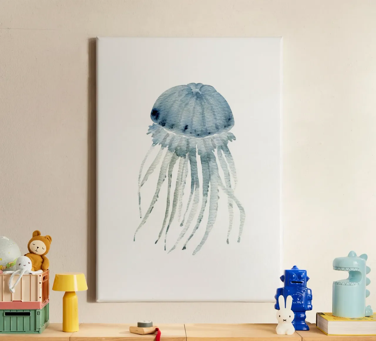 Graue blaue Qualle - Ätherische Aquarell-Meereskunst Leinwand mit Schattenfugenrahmen von NorwesClub
