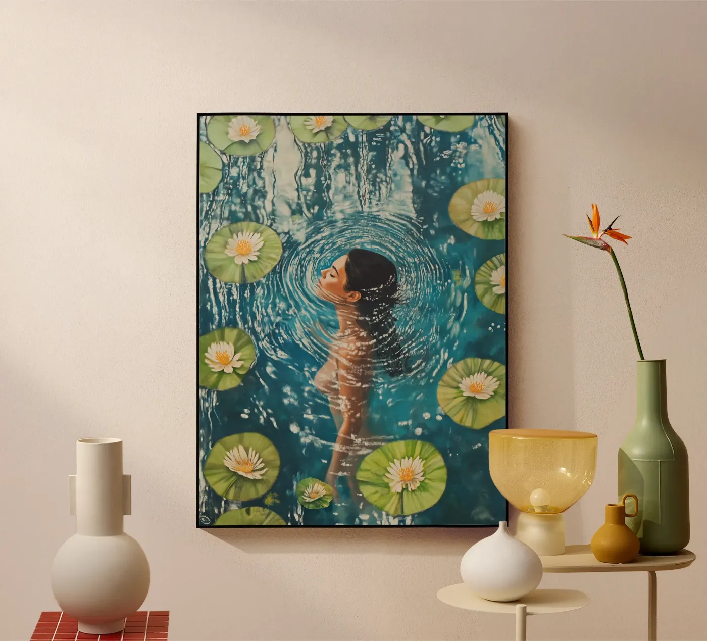 Vrouw met waterlelies acryl van Carinaprint