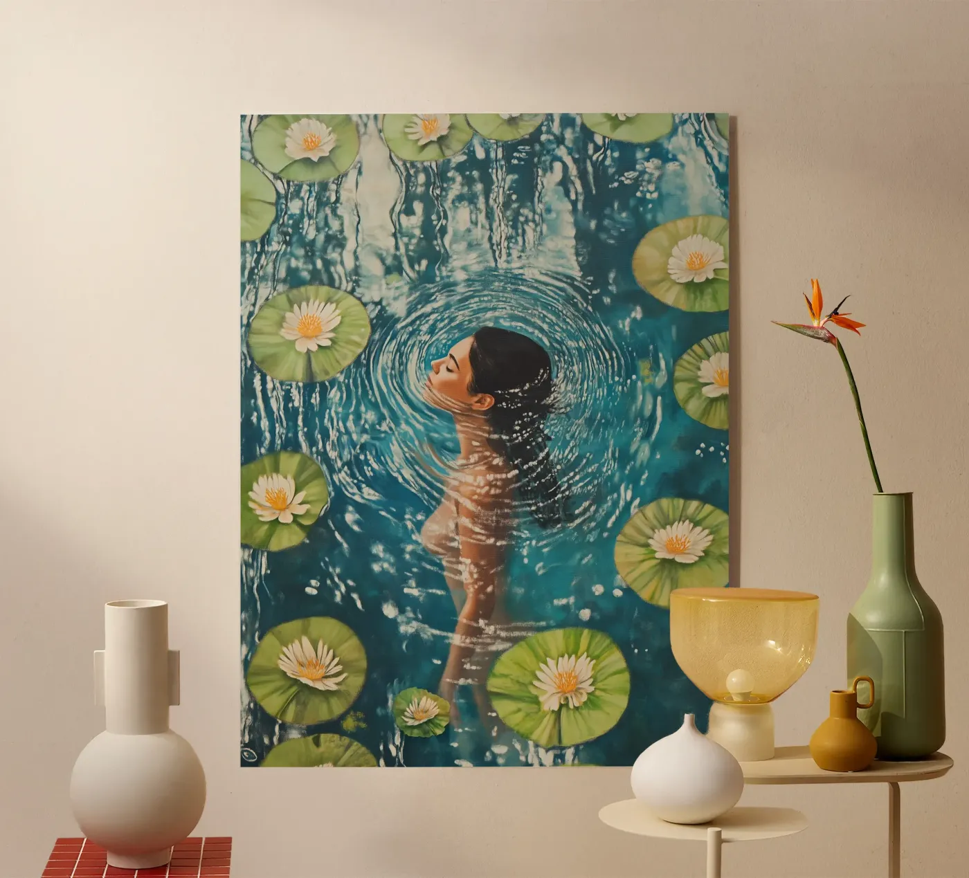 Vrouw met waterlelies acryl van Carinaprint