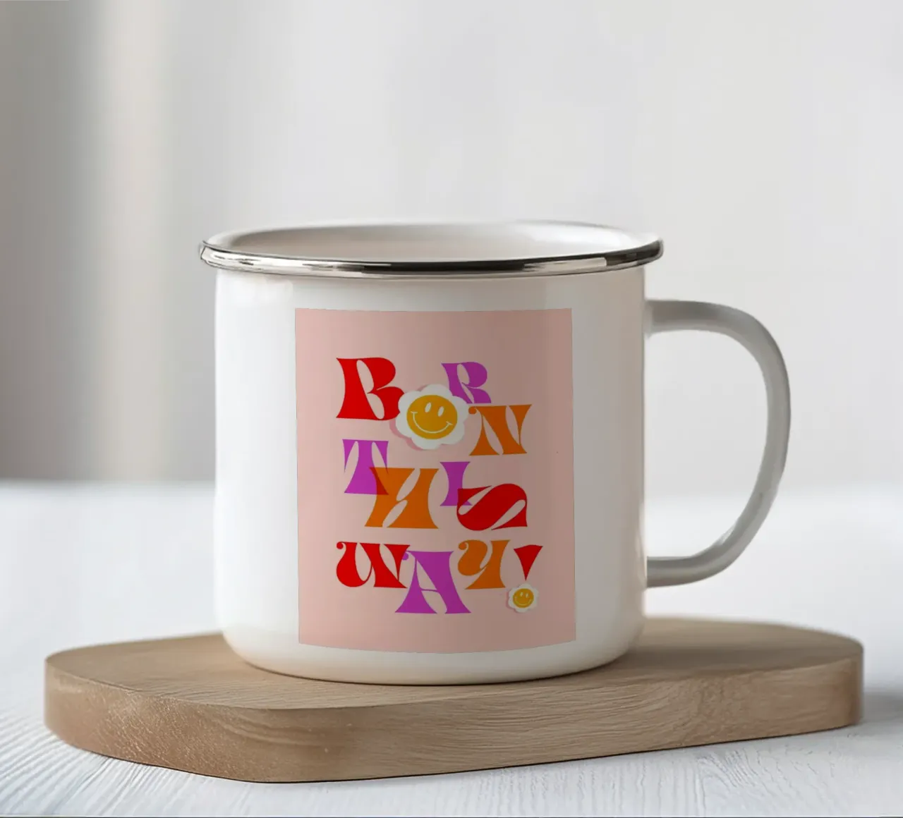 BORN THIS WAY • Retro Pride Typography Art in Pink and Red enamel mug by Dominique Vari Words