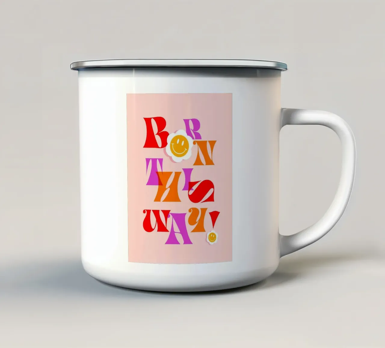 BORN THIS WAY • Retro Pride Typography Art in Pink and Red enamel mug by Dominique Vari Words