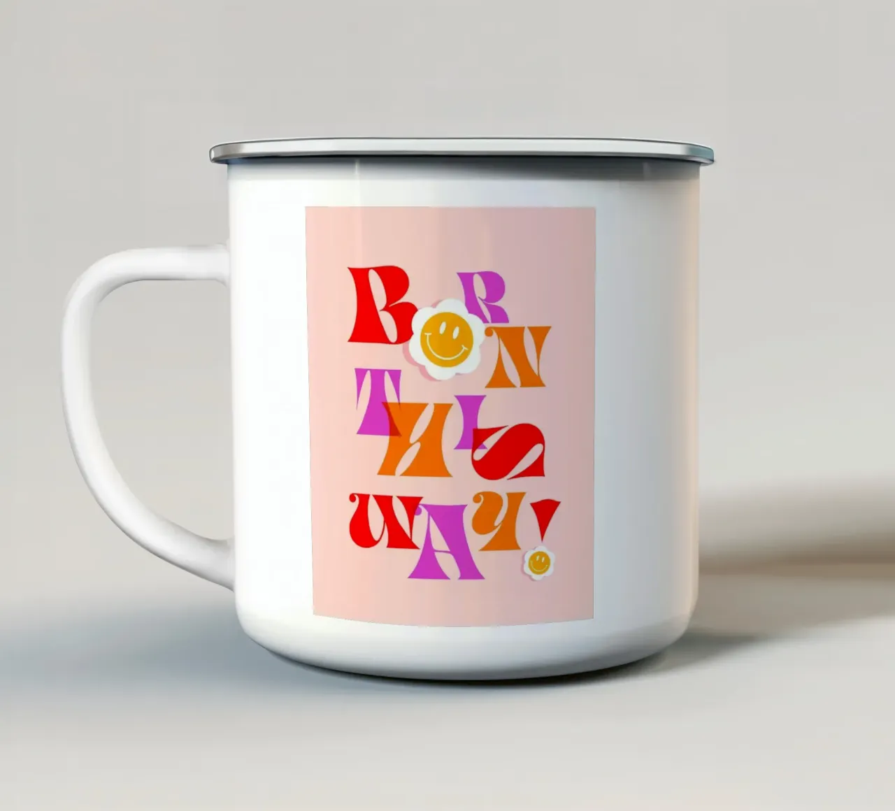 BORN THIS WAY • Retro Pride Typography Art in Pink and Red enamel mug by Dominique Vari Words