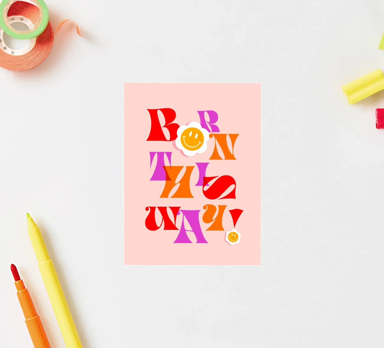 BORN THIS WAY • Retro Pride Typography Art in Pink and Red sticker by Dominique Vari Words