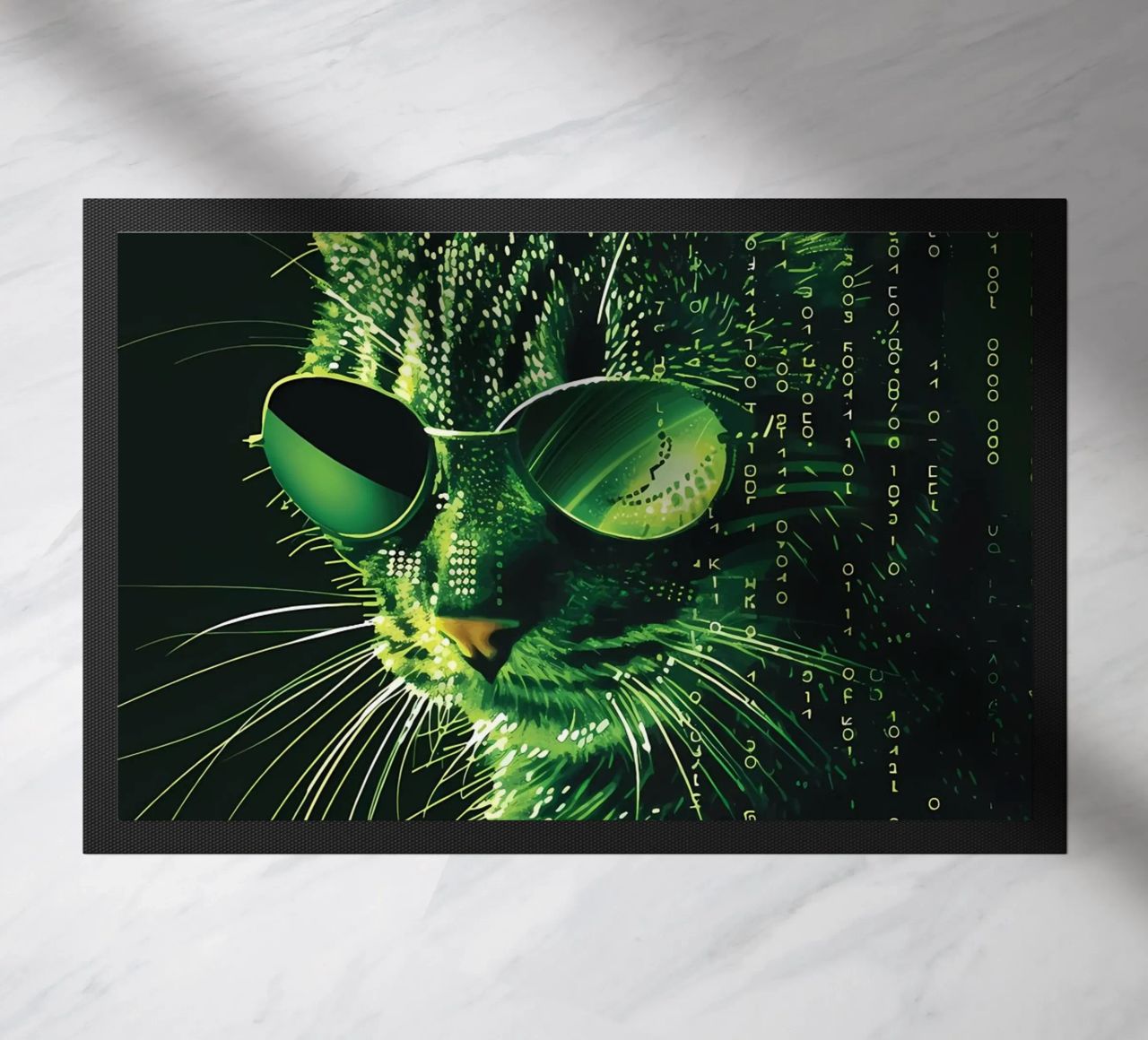 cat sunglasses green binary code digital data whiskers glass doormat by Daniel Medina
