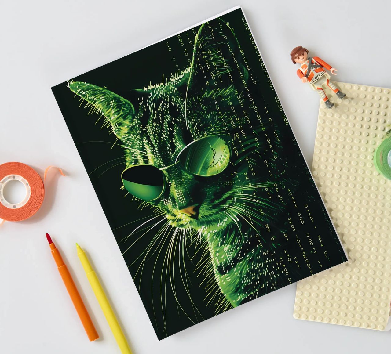 cat sunglasses green binary code digital data whiskers glass notebook by Daniel Medina