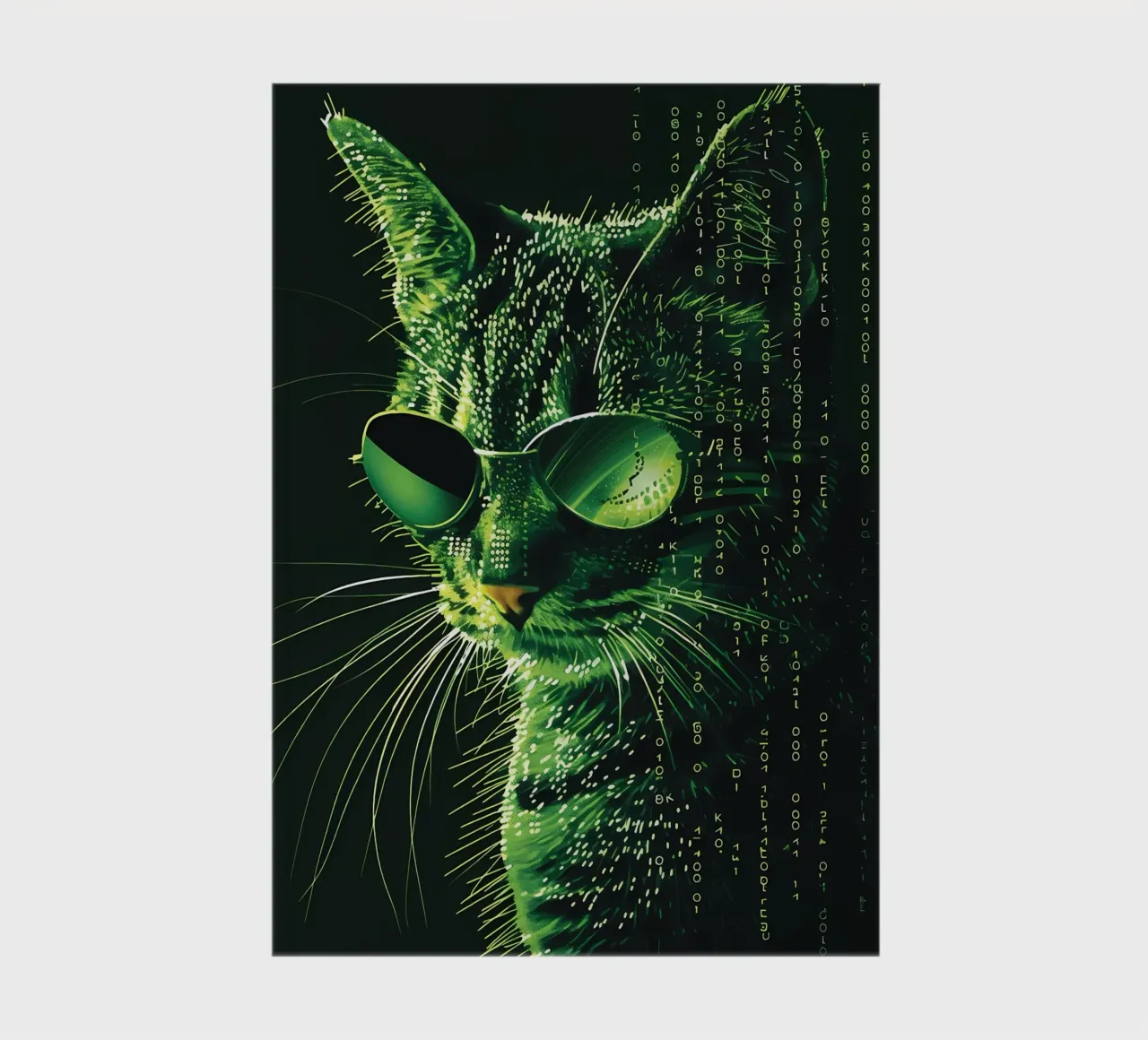 Katze Sonnenbrille grün Binärcode digitale Daten Schnurrhaare Glas Notizbuch von Daniel Medina