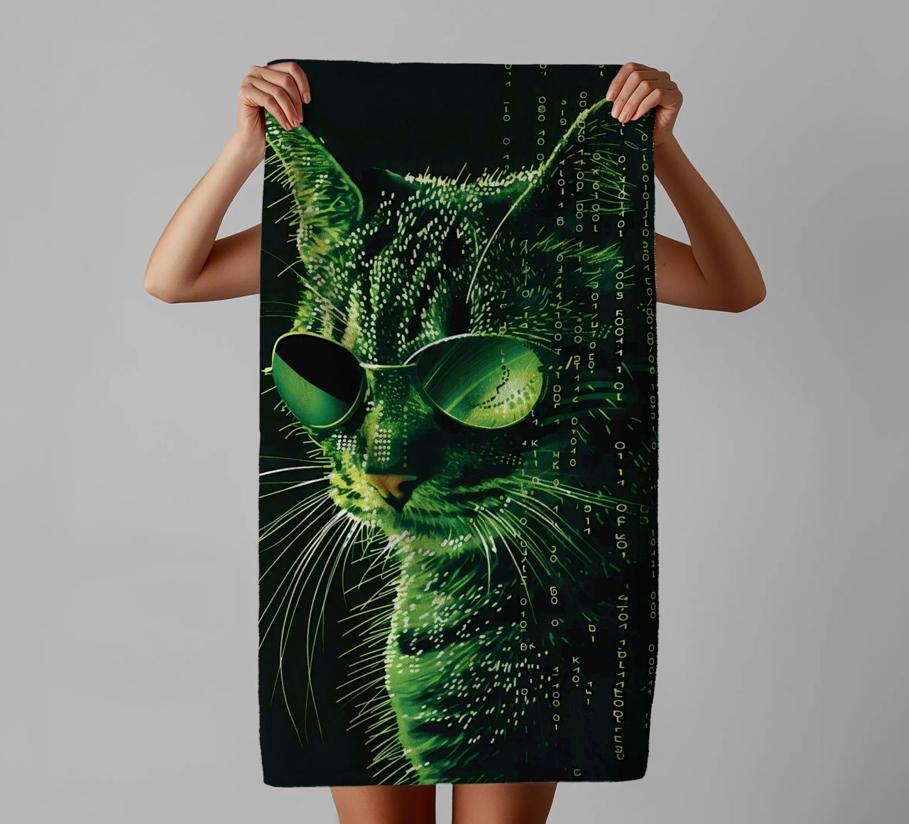 cat sunglasses green binary code digital data whiskers glass towel by Daniel Medina