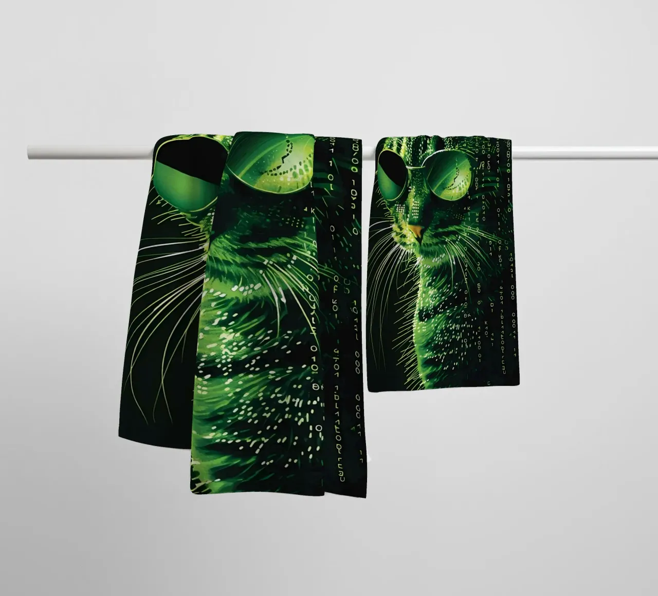 lunettes de soleil chat vert code binaire données numériques moustaches verre serviette de bain de Daniel Medina