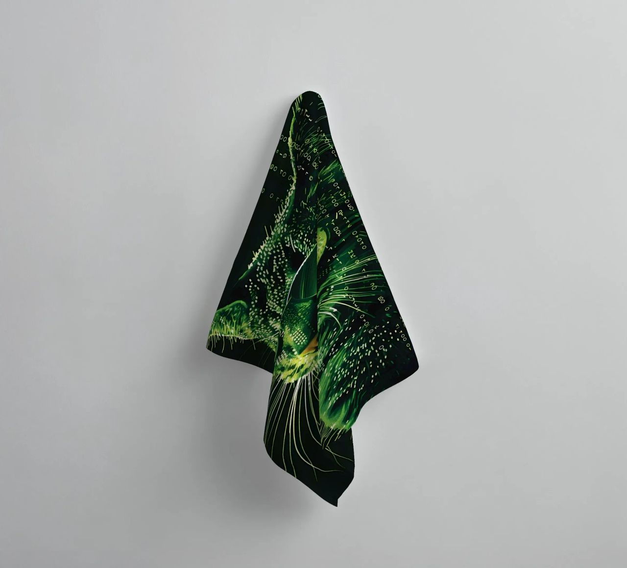 cat sunglasses green binary code digital data whiskers glass towel by Daniel Medina
