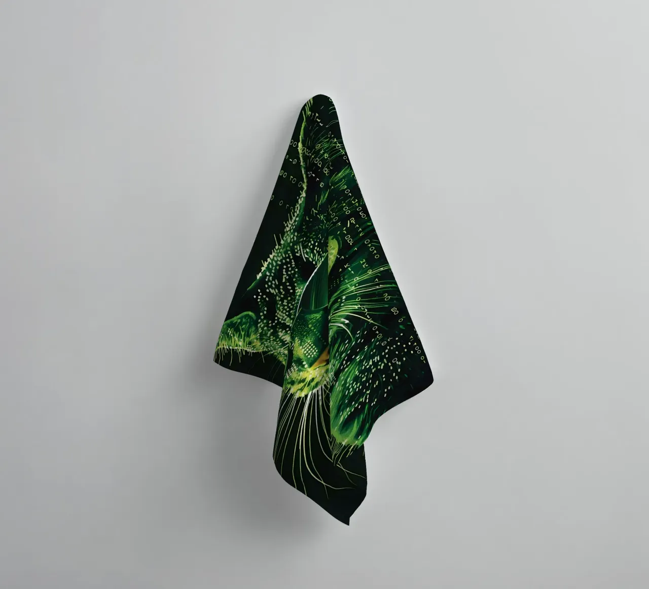 lunettes de soleil chat vert code binaire données numériques moustaches verre serviette de bain de Daniel Medina