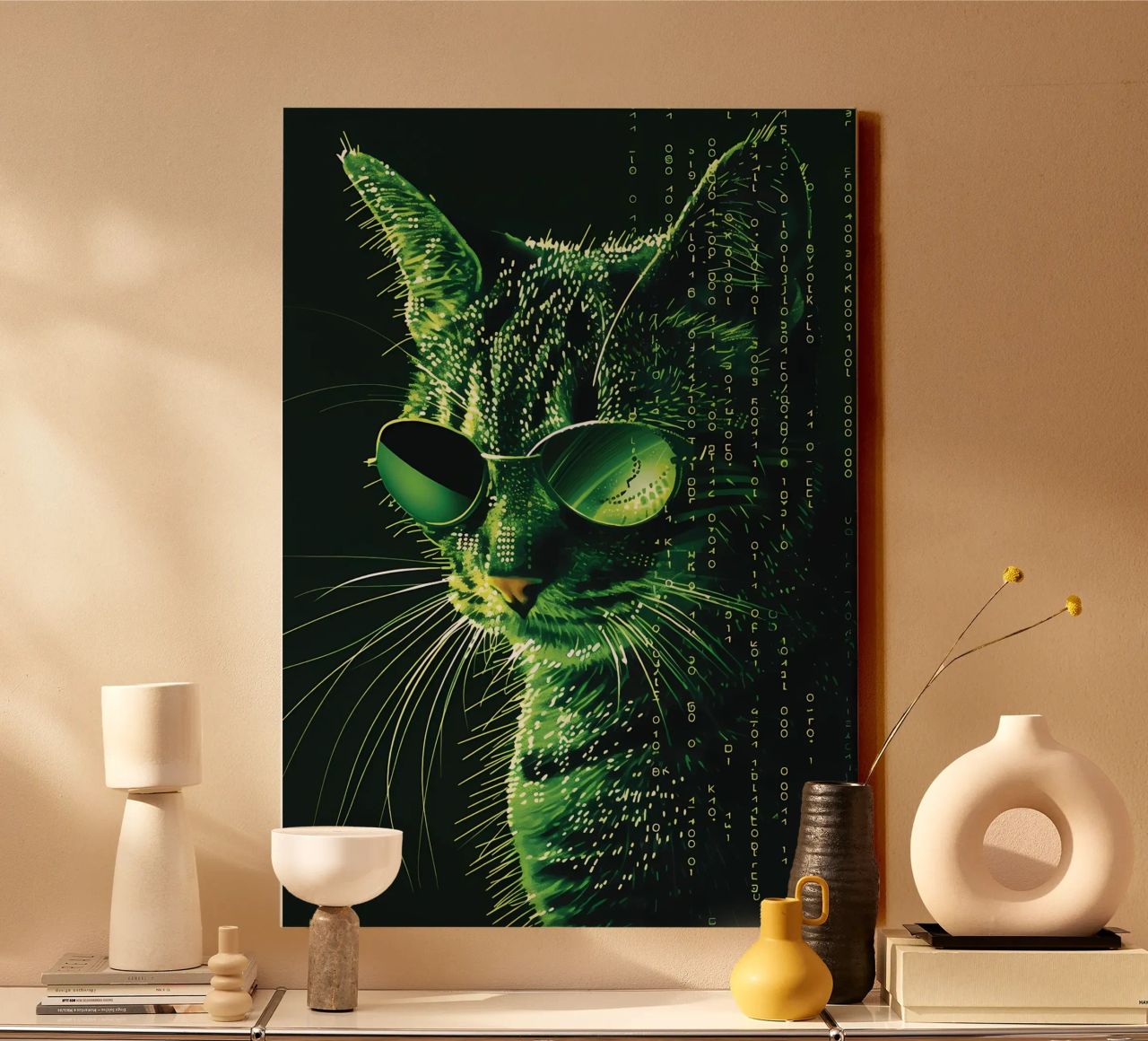 cat sunglasses green binary code digital data whiskers glass canvas by Daniel Medina