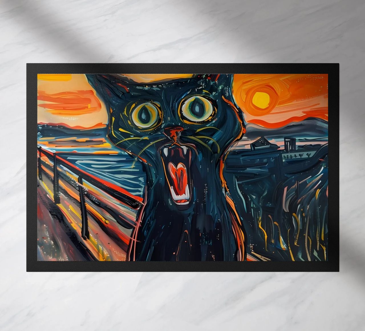cat black cat screaming expression open mouth pier railing s doormat by Daniel Medina