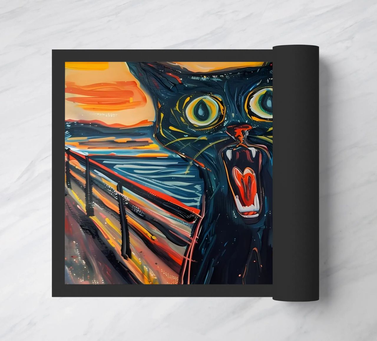 cat black cat screaming expression open mouth pier railing s doormat by Daniel Medina