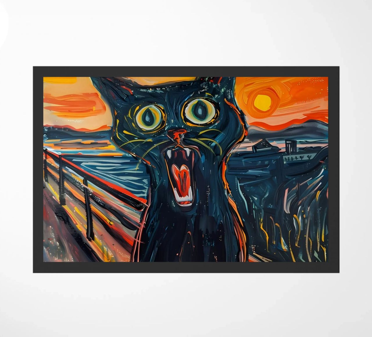 cat black cat screaming expression open mouth pier railing s doormat by Daniel Medina