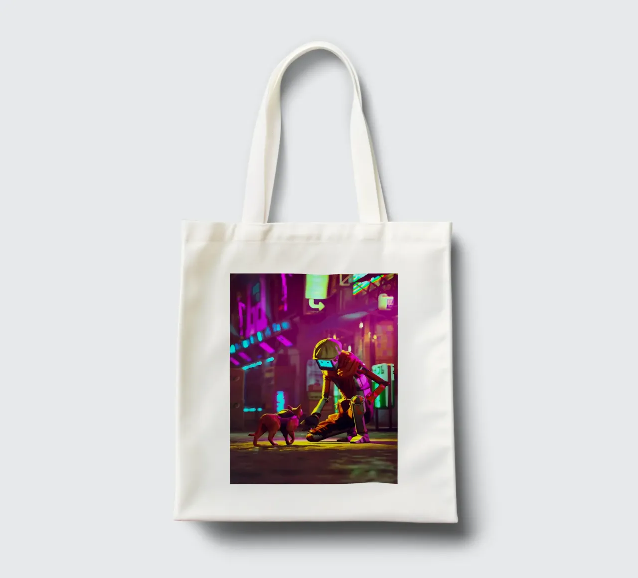 gatto robot cyberpunk luci al neon strada-scena berretto bagliore città h borsa in juta da Ashish Kashyap