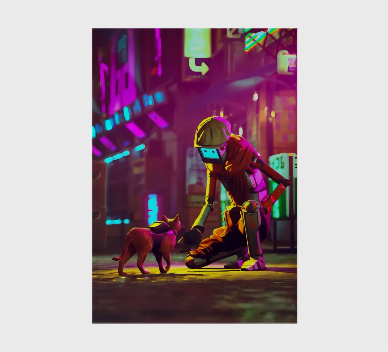 gatto robot cyberpunk luci al neon strada-scena berretto bagliore città h diario da Ashish Kashyap