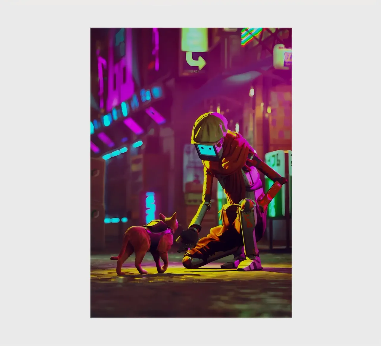 gatto robot cyberpunk luci al neon strada-scena berretto bagliore città h diario da Ashish Kashyap