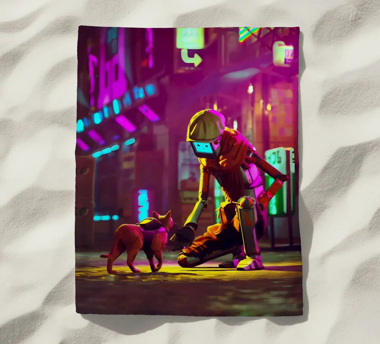 gatto robot cyberpunk luci al neon strada-scena berretto bagliore città h telo mare da Ashish Kashyap