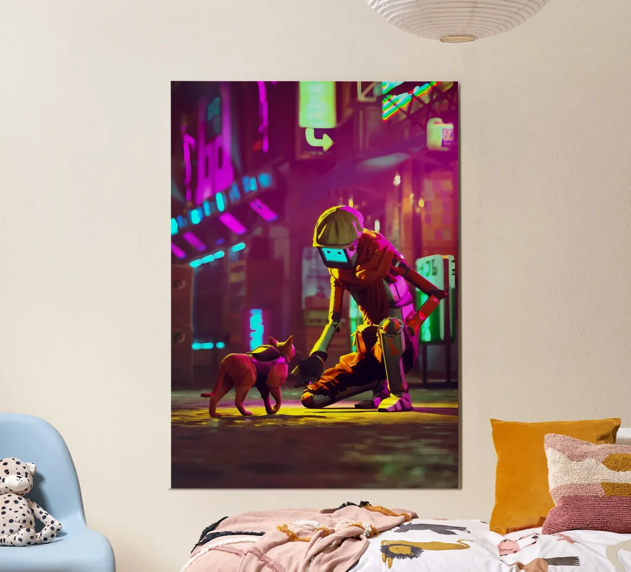gatto robot cyberpunk luci al neon strada-scena berretto bagliore città h carta hahnemühle da Ashish Kashyap