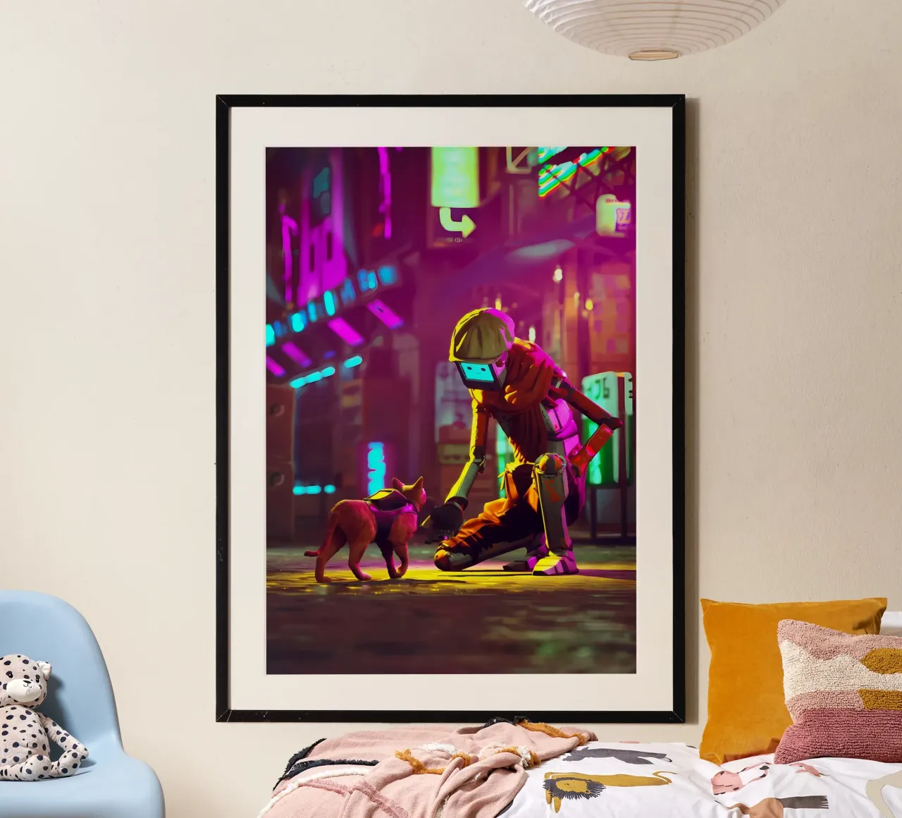 gatto robot cyberpunk luci al neon strada-scena berretto bagliore città h carta hahnemühle da Ashish Kashyap