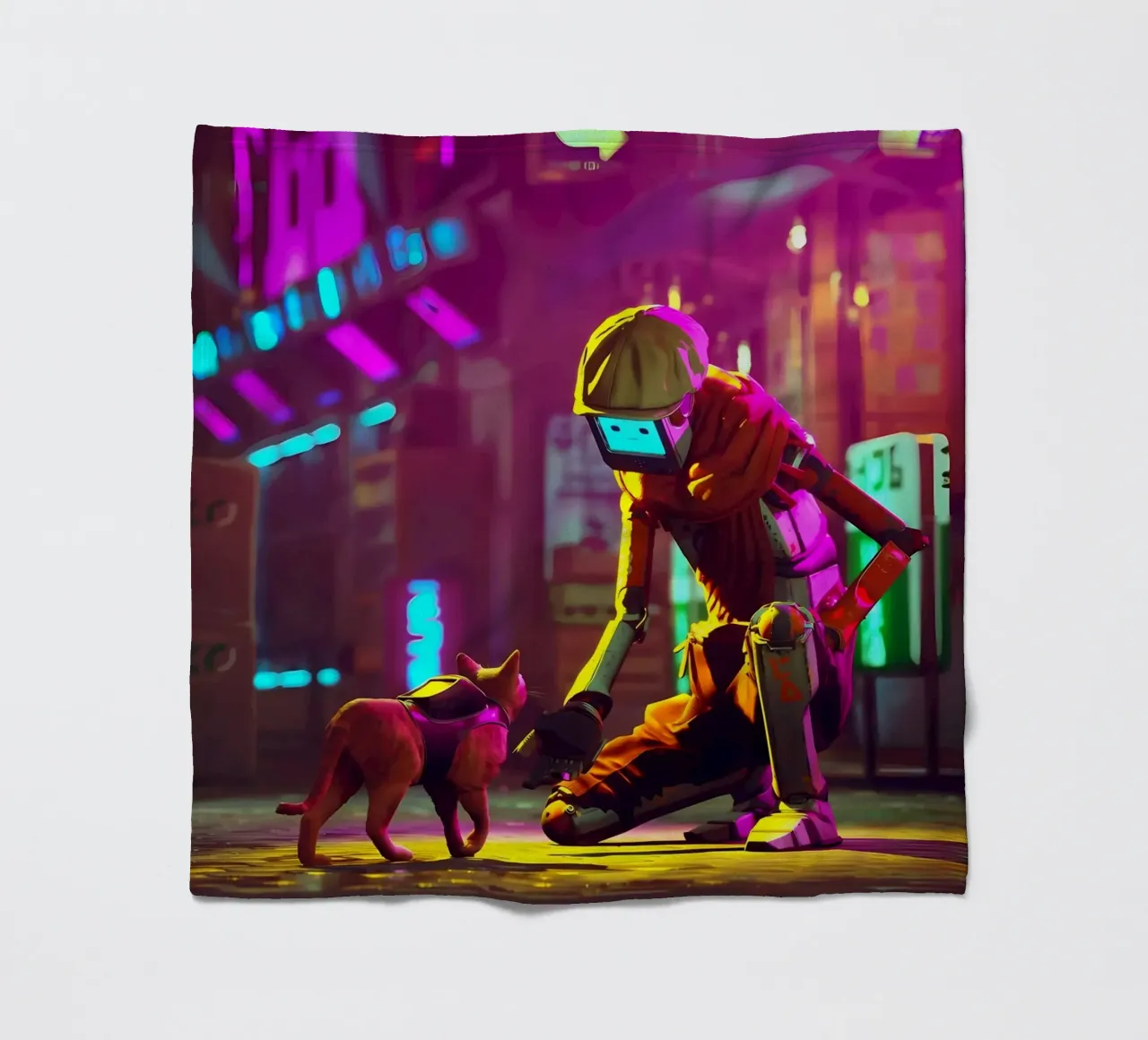 gatto robot cyberpunk luci al neon strada-scena berretto bagliore città h coperta in pile da Ashish Kashyap