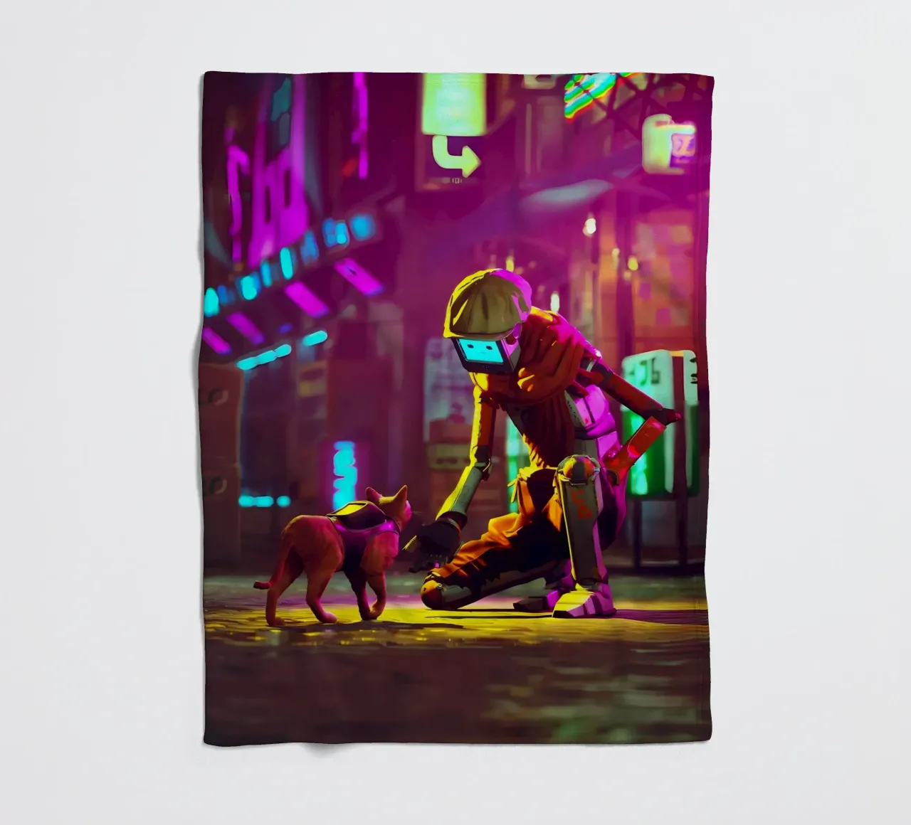 gatto robot cyberpunk luci al neon strada-scena berretto bagliore città h coperta in pile da Ashish Kashyap