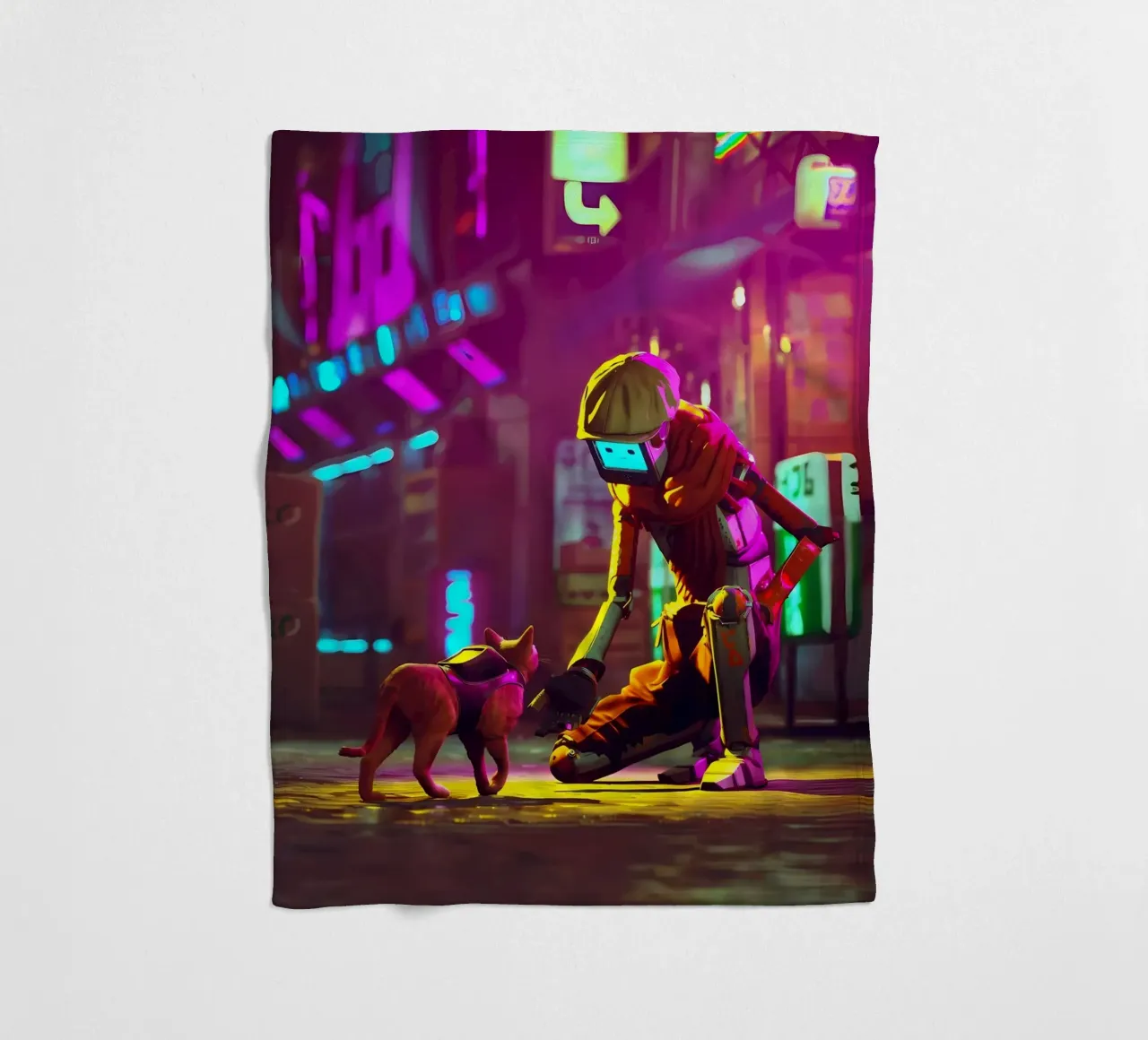 gatto robot cyberpunk luci al neon strada-scena berretto bagliore città h coperta in pile da Ashish Kashyap