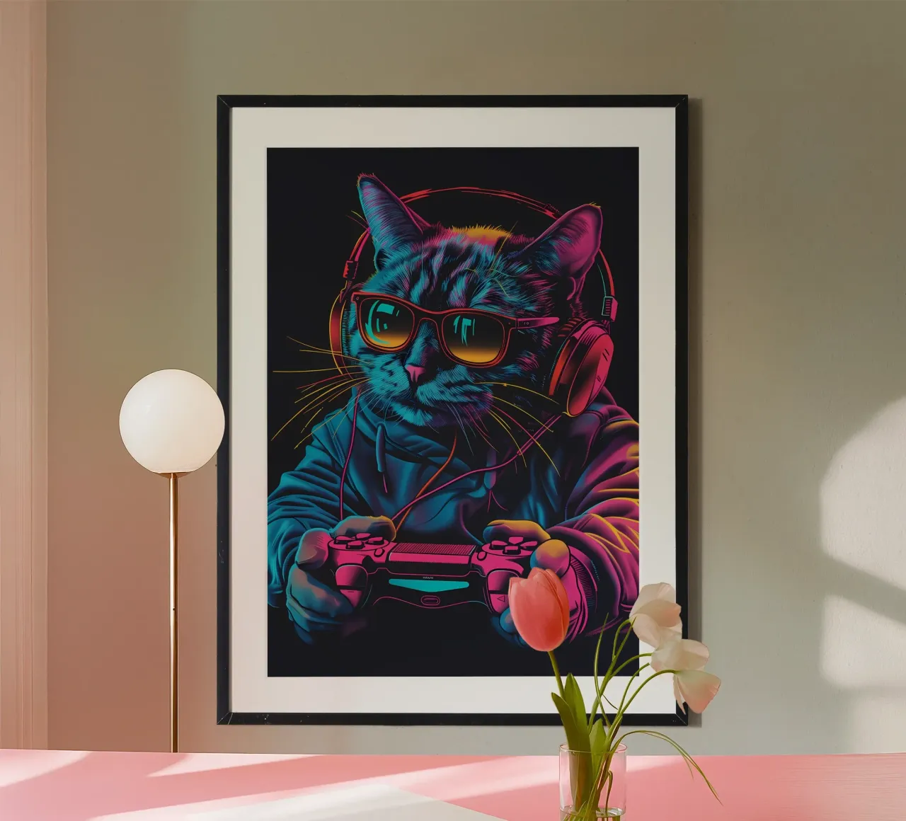 gatto cuffie occhiali da sole felpa gioco-controller video-g poster con telaio in legno da Ashish Kashyap