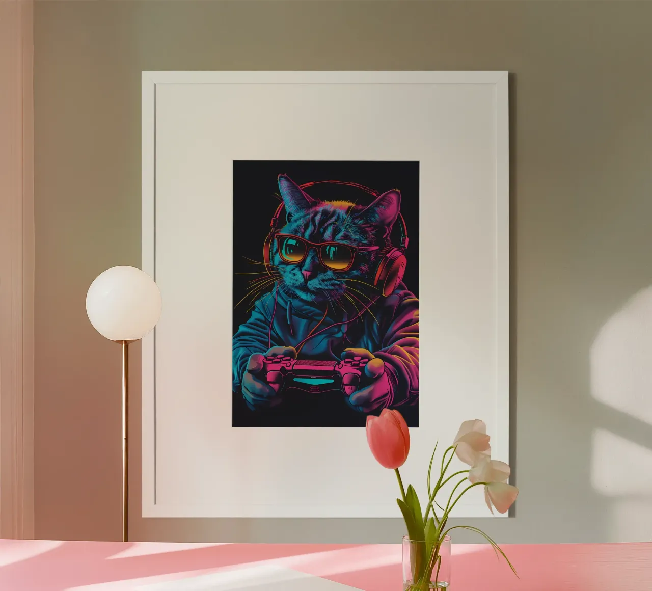 gatto cuffie occhiali da sole felpa gioco-controller video-g poster con telaio in legno da Ashish Kashyap