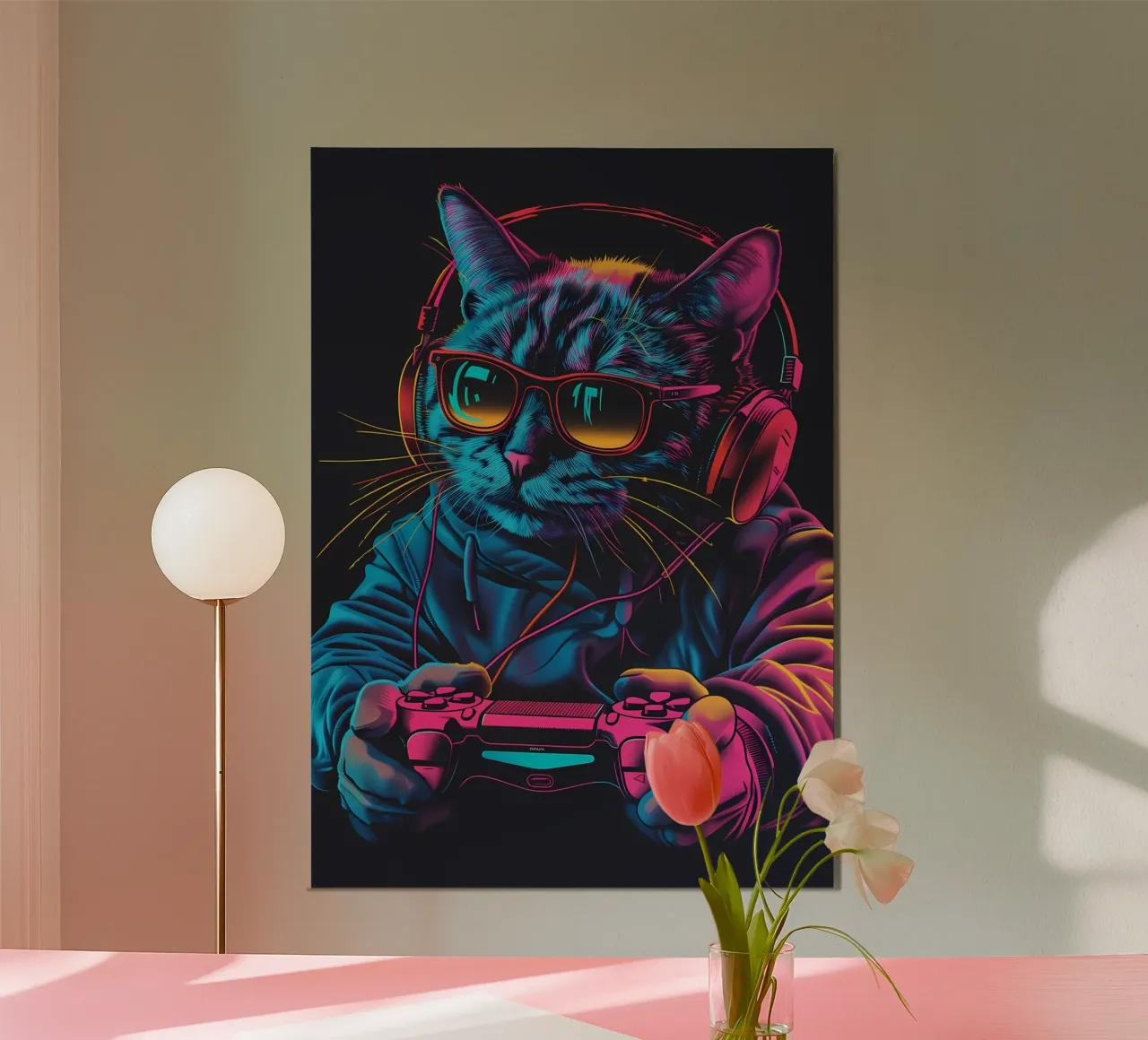 gatto cuffie occhiali da sole felpa gioco-controller video-g poster con telaio in legno da Ashish Kashyap