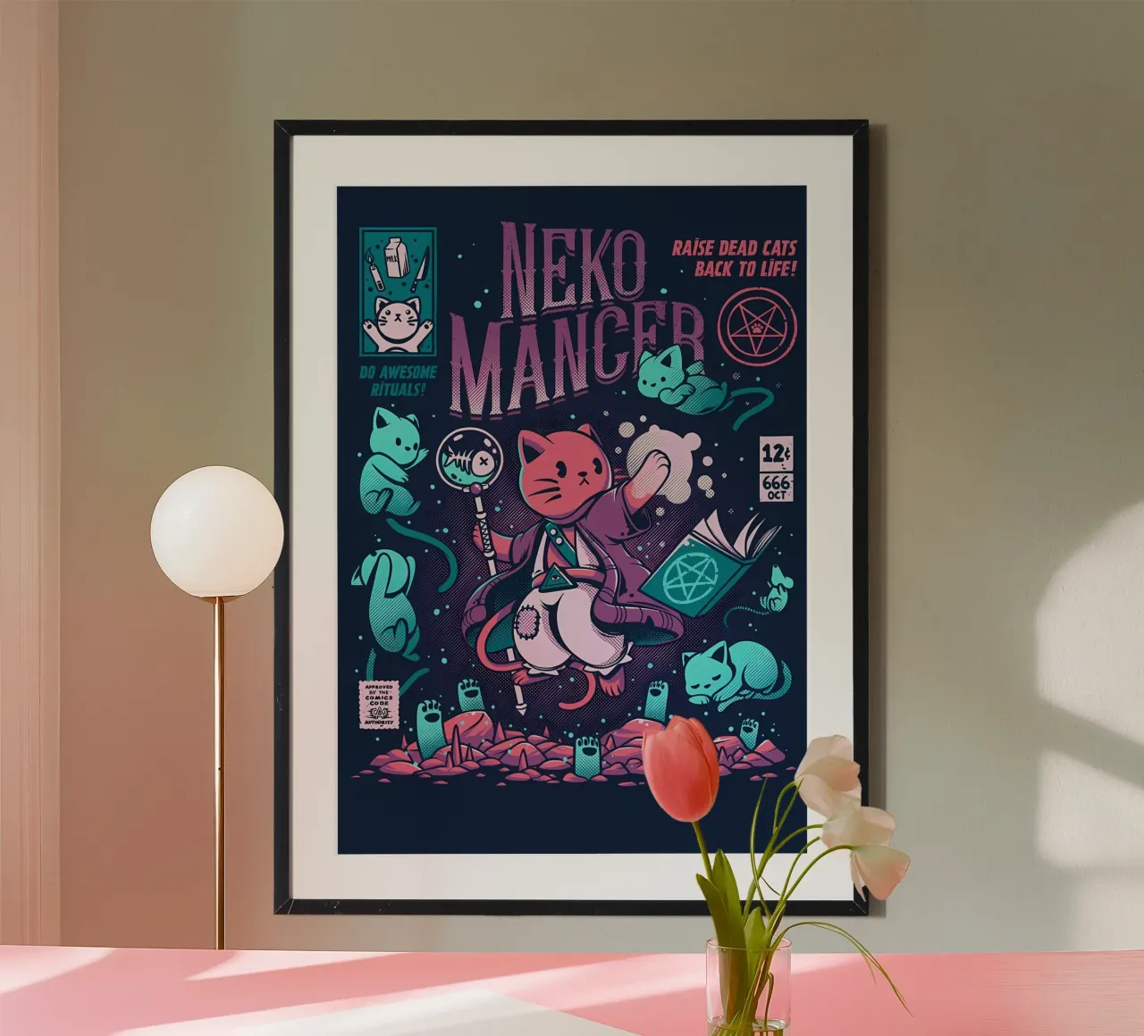 gatto bacchetta magica libro pesce mantello rituale pozione bastone felino sp poster con telaio in plastica da Ashish Kashyap