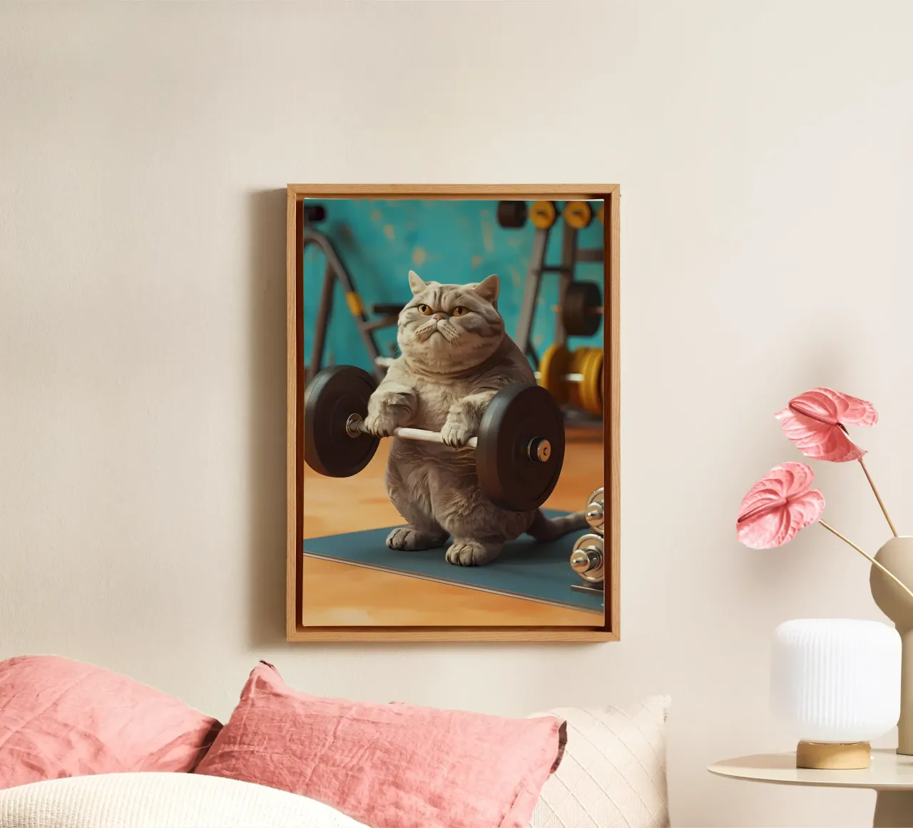 cat gym barbell weights exercise dumbbells fitness workout e canvas with Floater frame by Ashish Kashyap