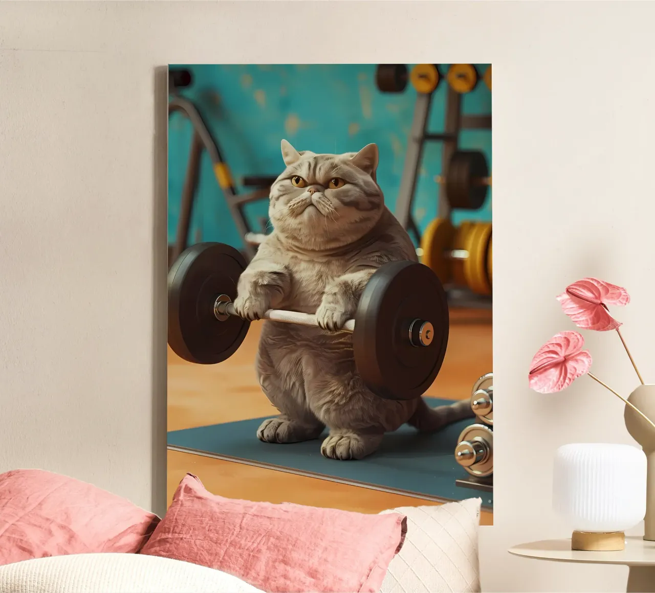 cat gym barbell weights exercise dumbbells fitness workout e canvas with Floater frame by Ashish Kashyap