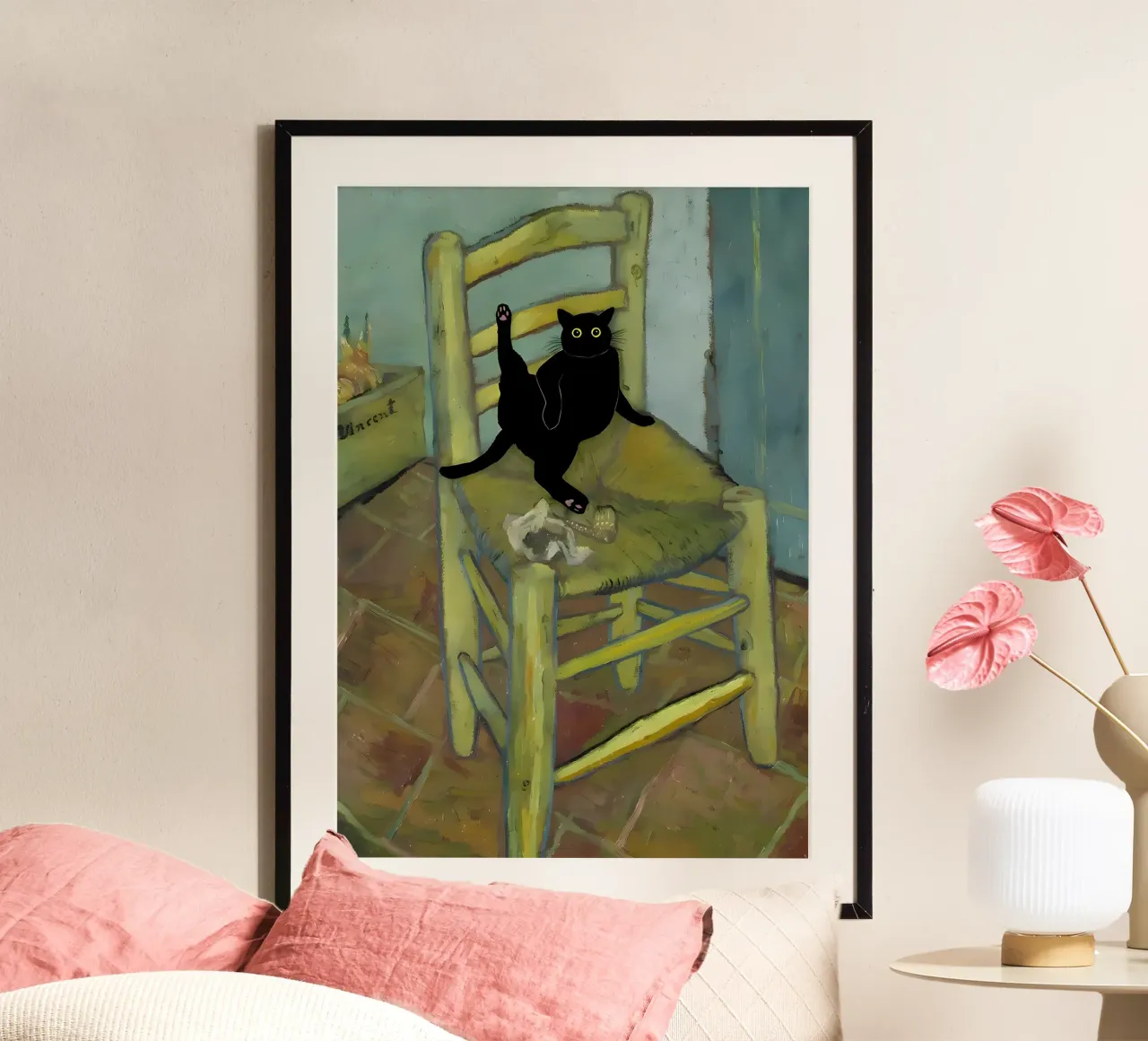 gatto nero sedia di legno scarpe gatto stretching natura morta inter poster con telaio in alluminio da Ashish Kashyap