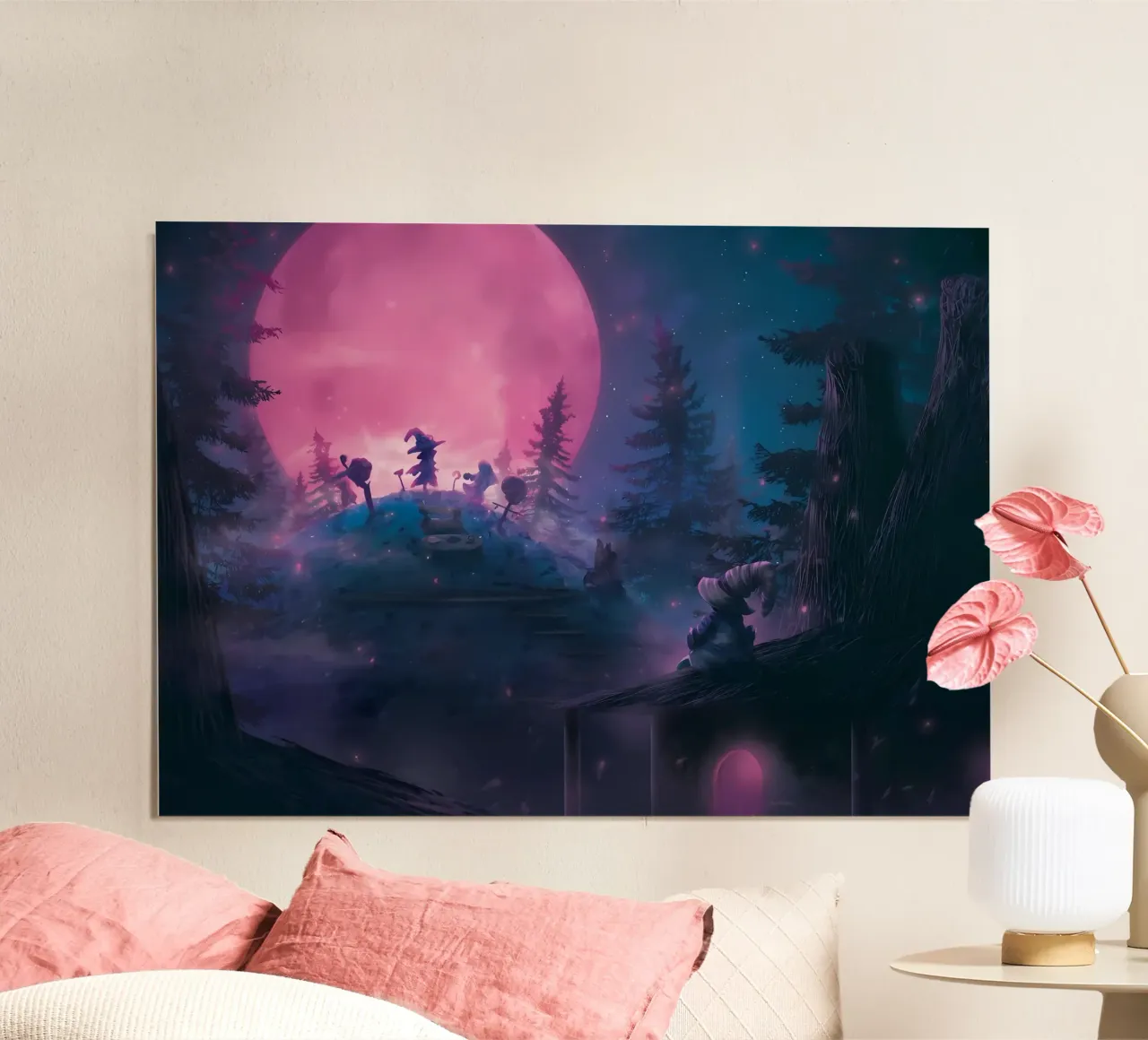 foresta luna strega magia sagome notte alberi luna piena gl poster con telaio in legno da Ashish Kashyap