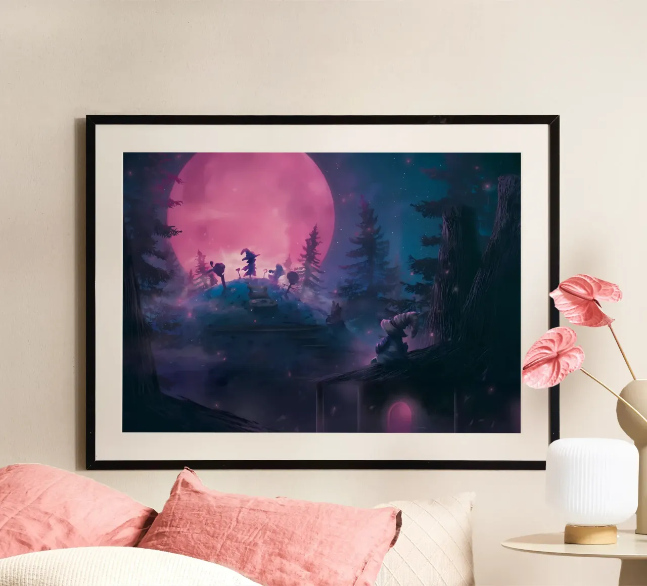 foresta luna strega magia sagome notte alberi luna piena gl poster con telaio in legno da Ashish Kashyap