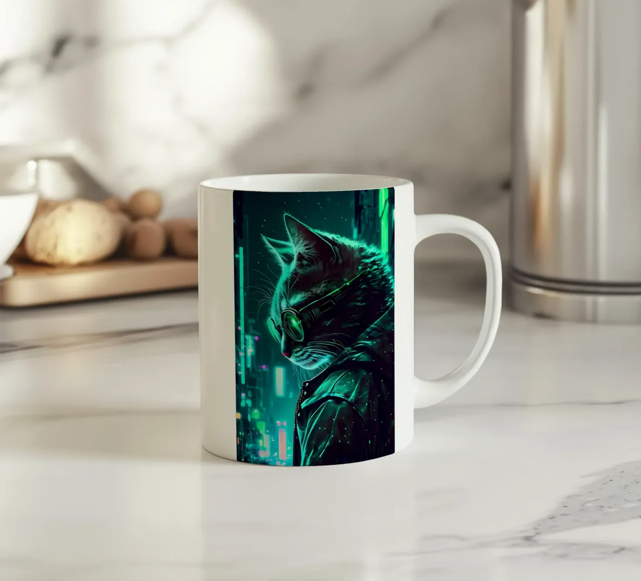 cat urban neon cyber glasses jacket feline cityscape modern ceramic mug by Ashish Kashyap