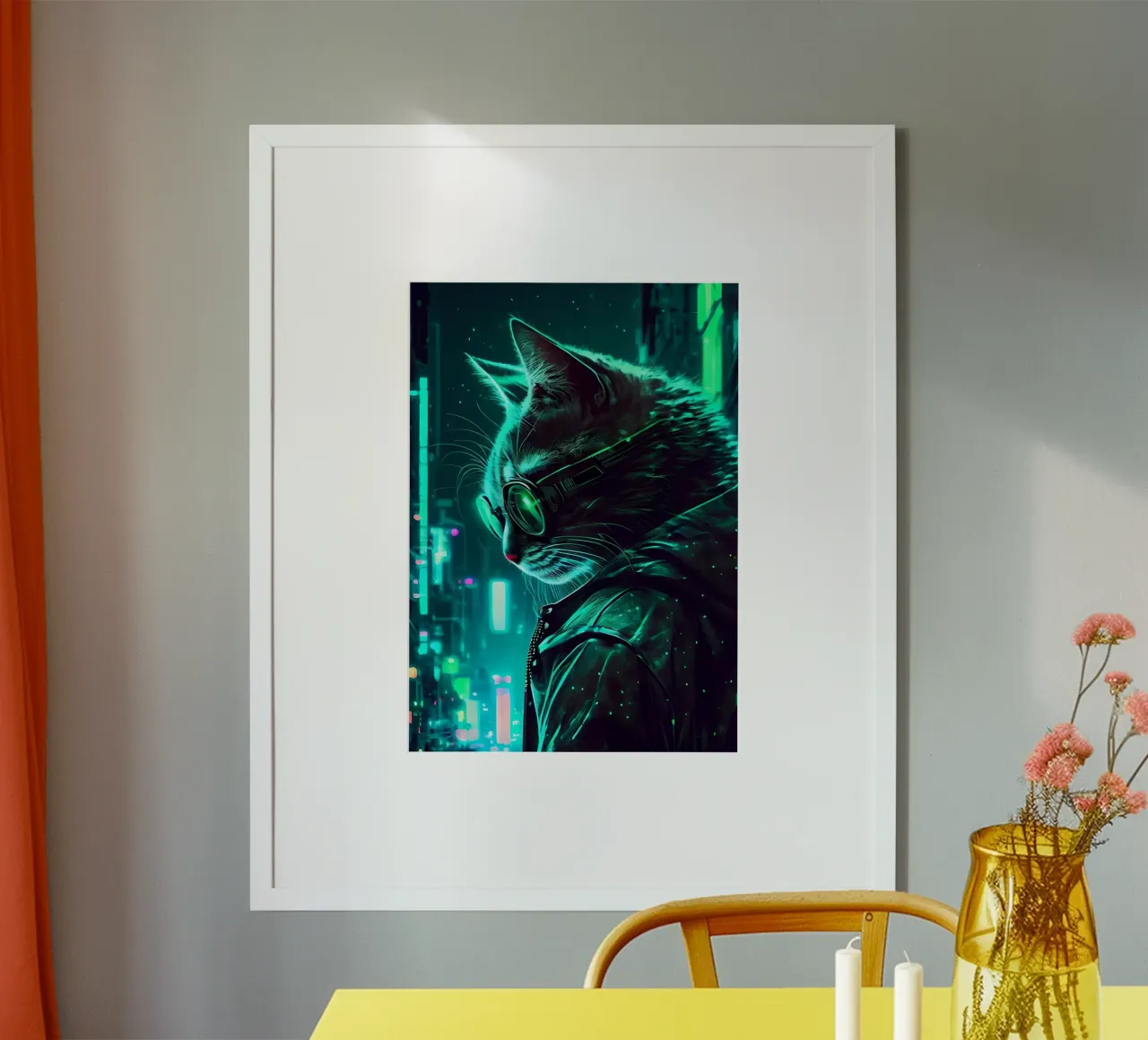gatto urbano neon cyber occhiali giacca felino cityscape moderno poster con telaio in legno da Ashish Kashyap