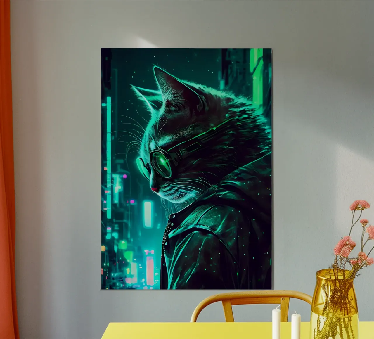 gatto urbano neon cyber occhiali giacca felino cityscape moderno poster con telaio in legno da Ashish Kashyap